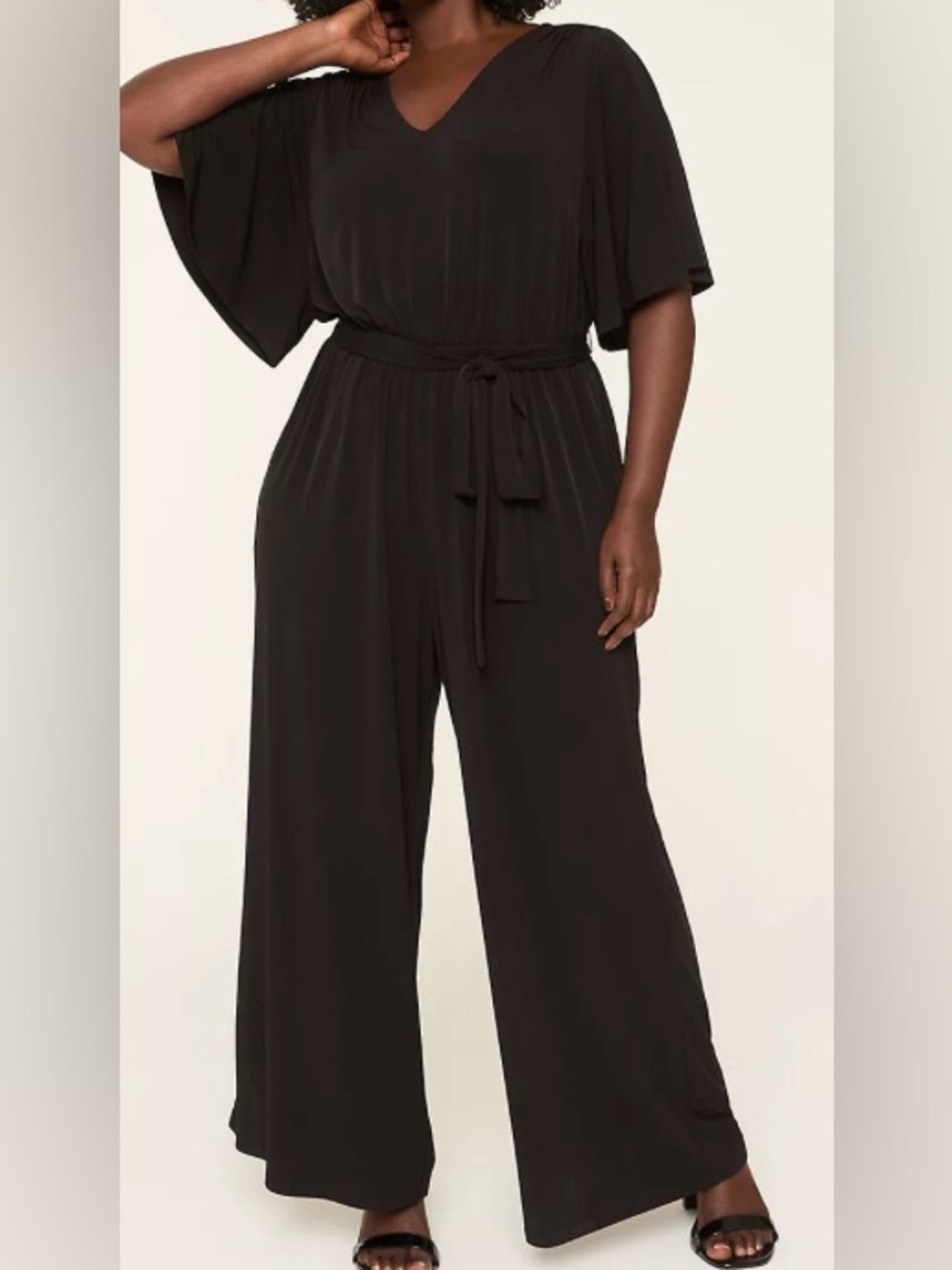 Shavonne Dorsey - New - Black V-Neck Knit Wide-Leg Jumpsuit with Waist Tie